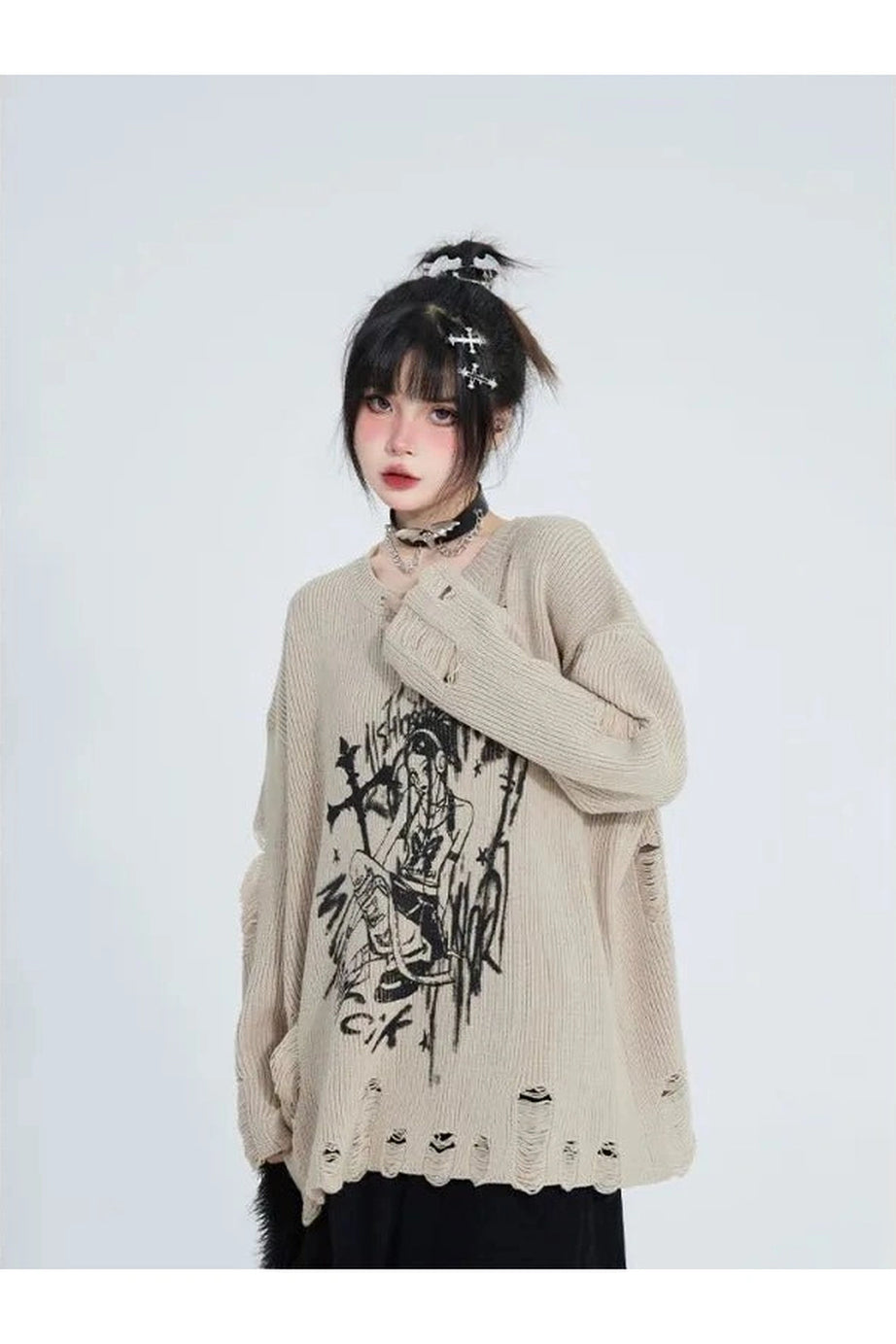 Graffiti Distressed Knit Sweater - Sweaters