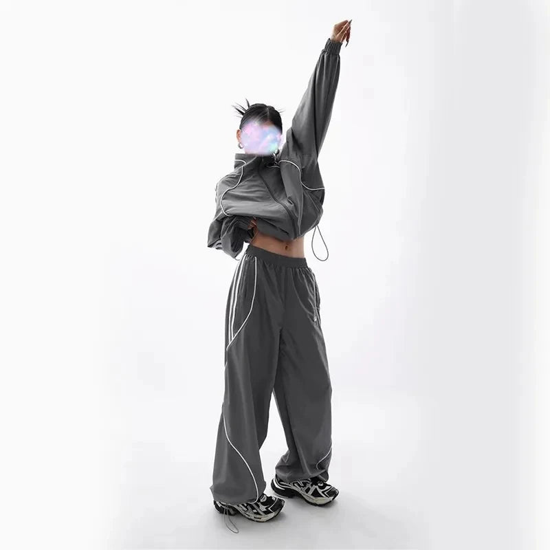 Gray Wave Piped Y2k Jogger Outfit Set Shoptery