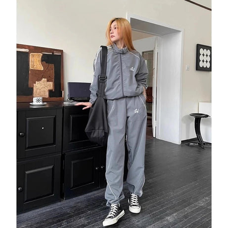 Gray Wave Piped Y2k Jogger Outfit Set Shoptery