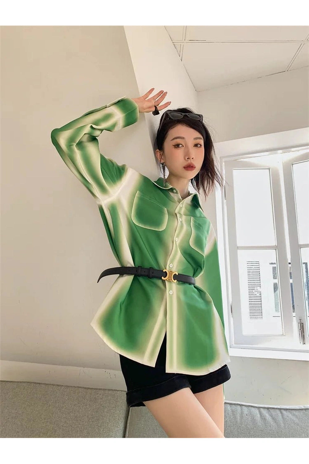 Aesthetic Green Ombre Button-Up Shirt Shoptery