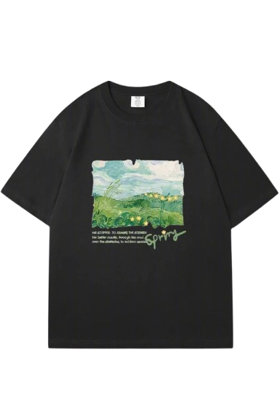 Aesthetic Green Print Oversized Street T-shirt Black Shoptery