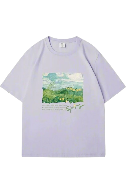 Aesthetic Green Print Oversized Street T-shirt Lavender Shoptery