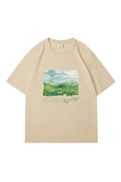Aesthetic Green Print Oversized Street T-shirt Khaki Shoptery