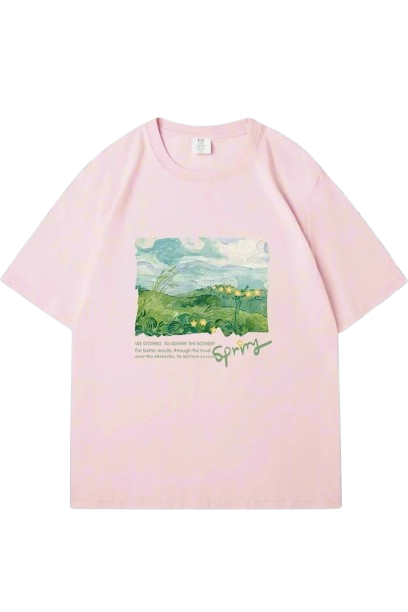 Aesthetic Green Print Oversized Street T-shirt Pink Shoptery