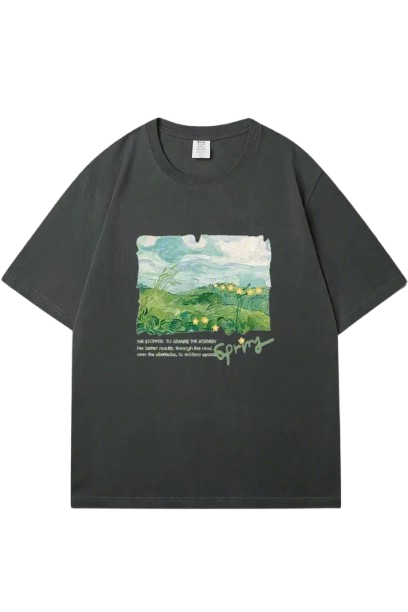 Aesthetic Green Print Oversized Street T-shirt Dark Grey Shoptery