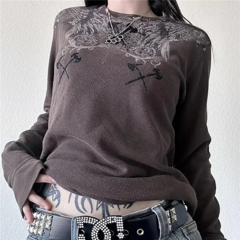 Grunge Angel Graphic Waffle Top - 