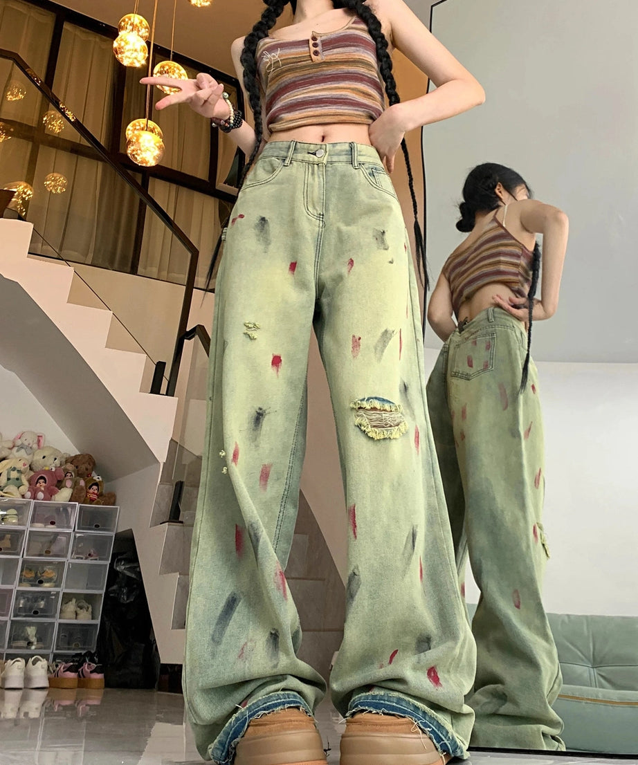 Grunge Art Splatter Wide - Leg Jeans - Jeans