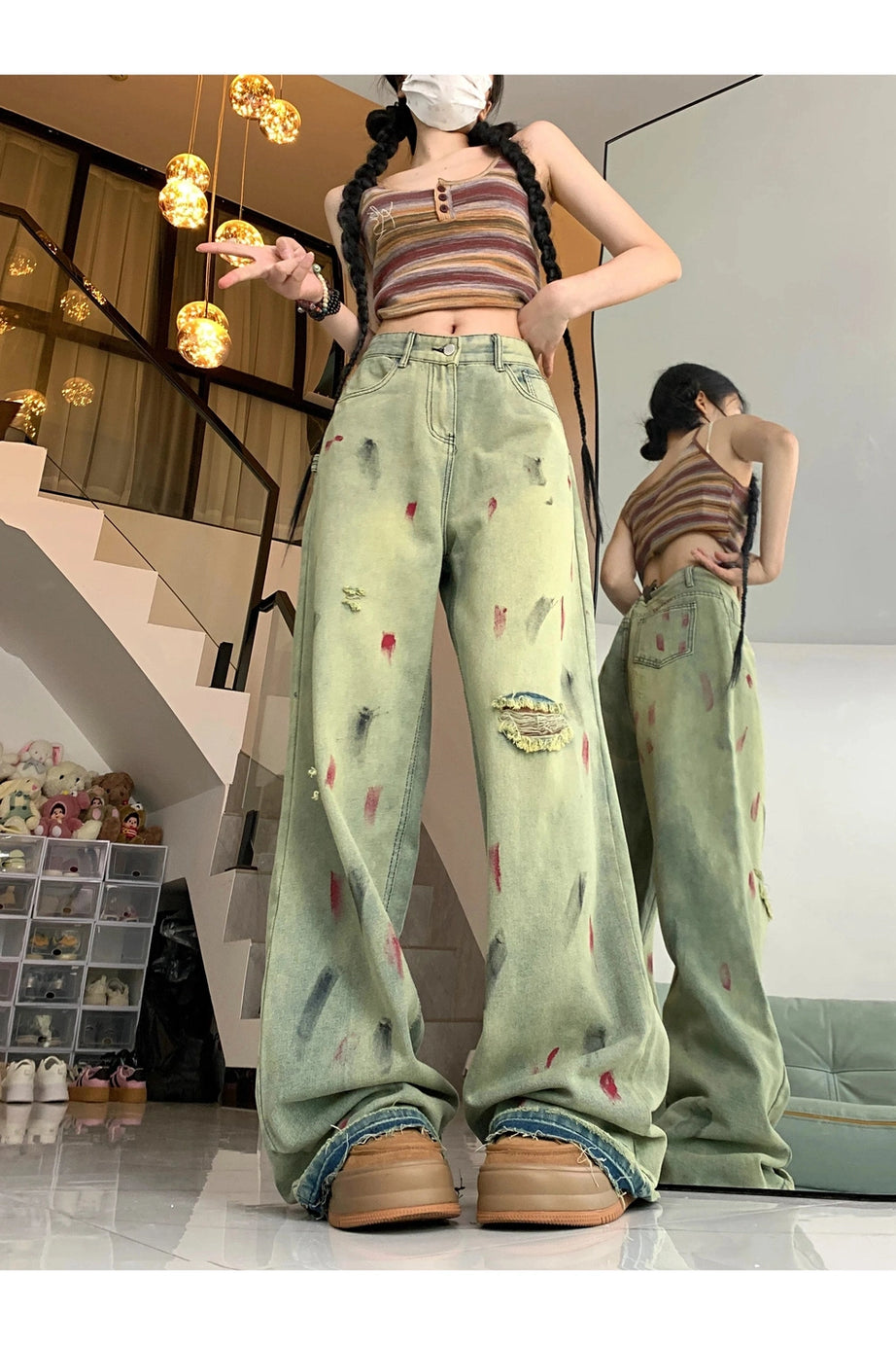 Grunge Art Splatter Wide - Leg Jeans - Jeans