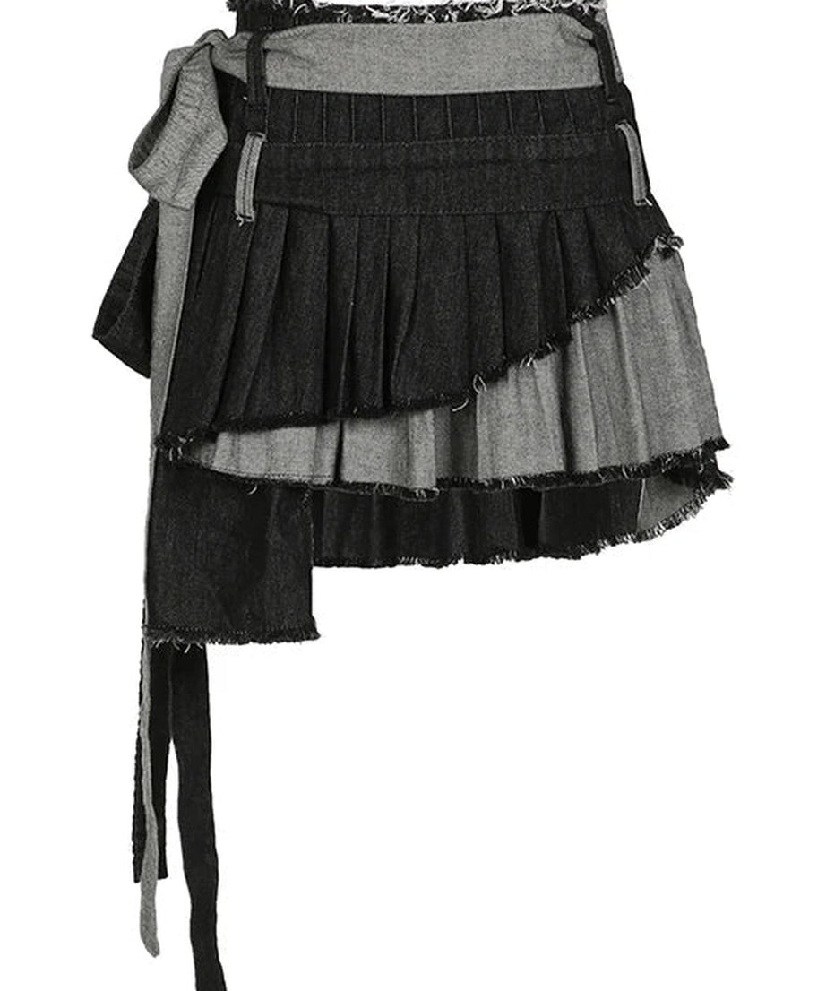 Grunge Denim Pleated Skirt - Skirts