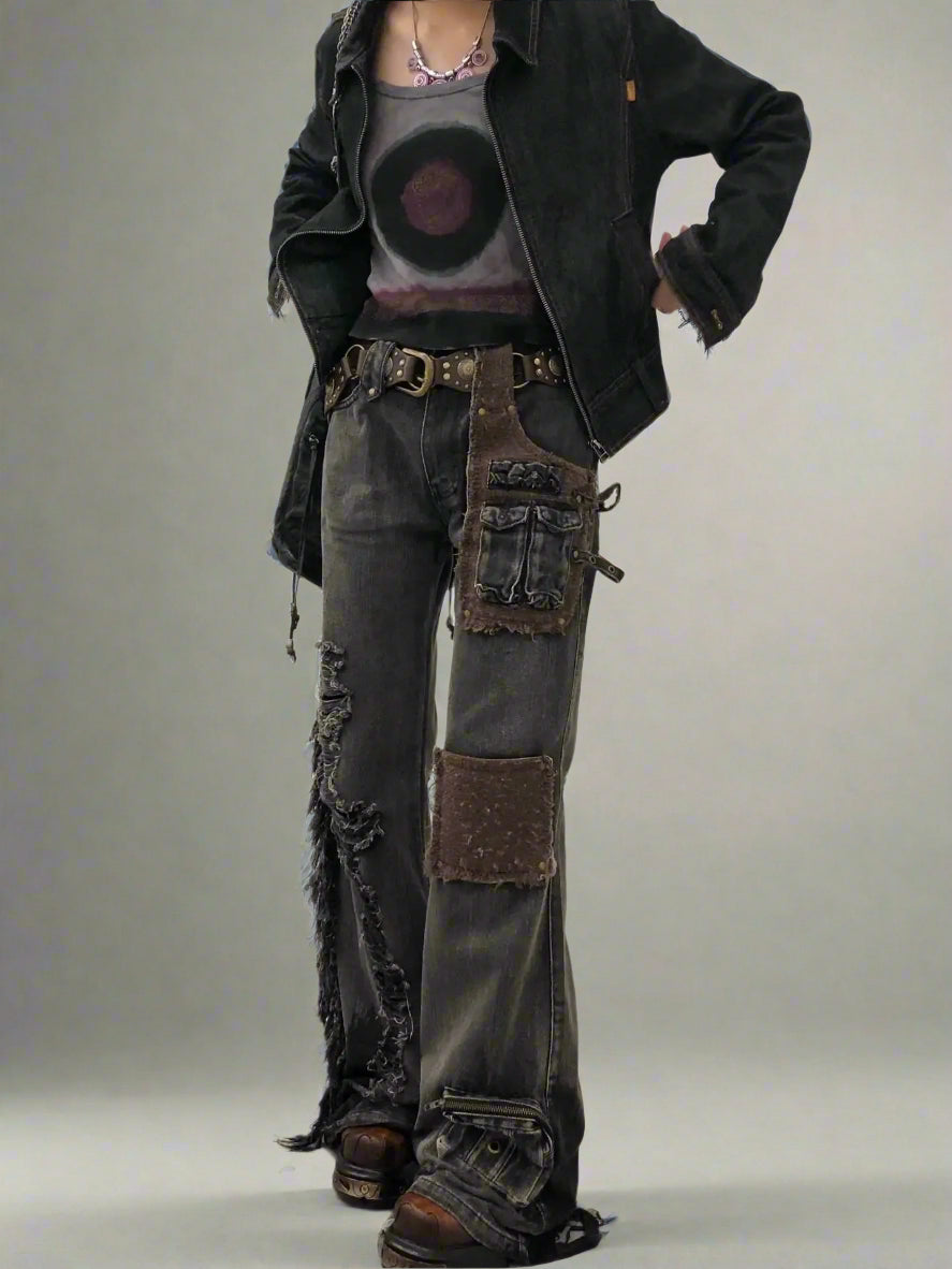 Alt Edgy Patchwork Distressed Jeans Black Shoptery