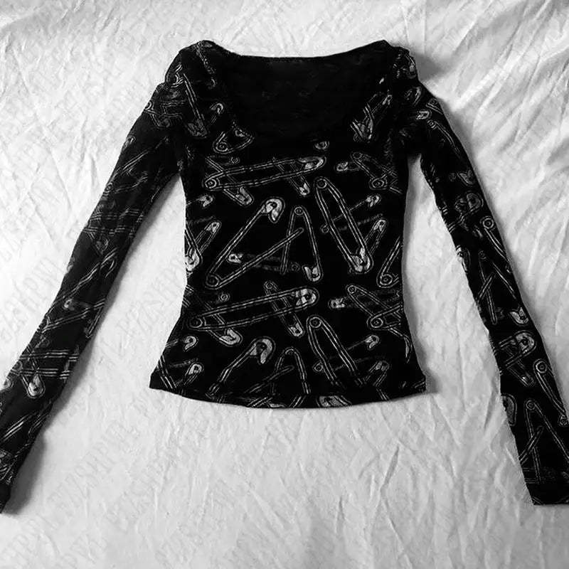 Y2k Edgy Safety Pin Long Sleeve Top black Shoptery