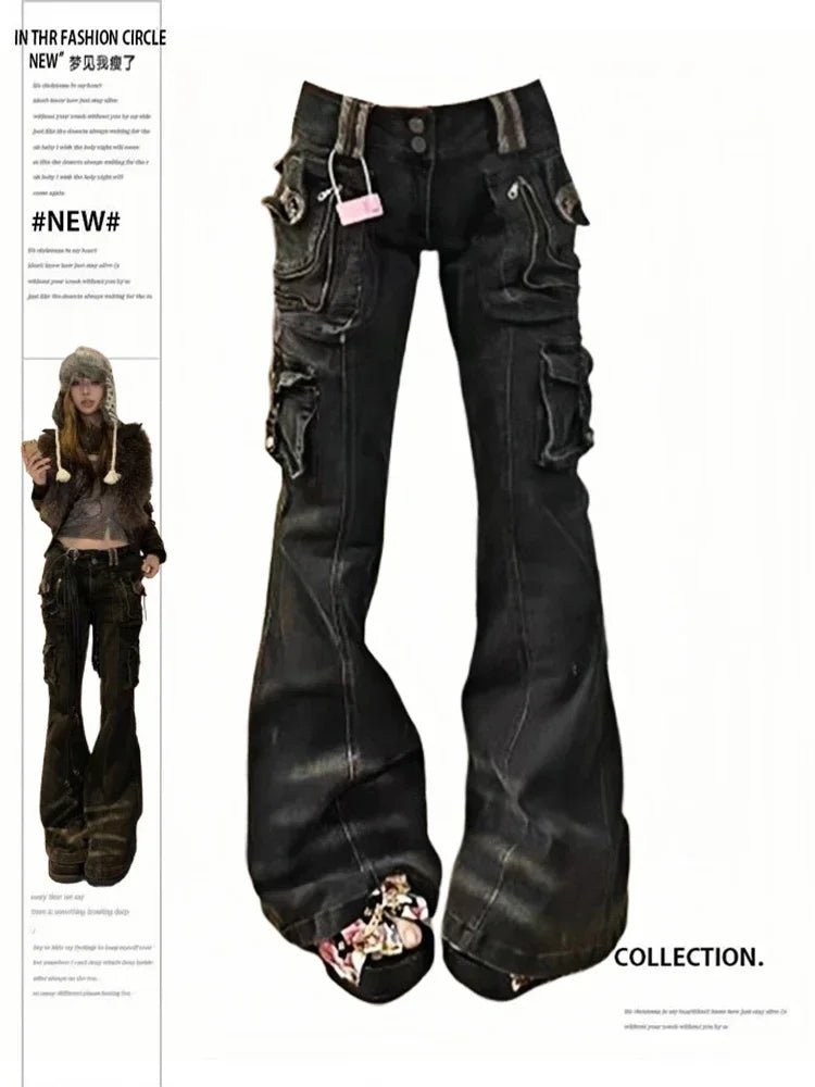 Y2k Utility Cargo Flare Pants black Shoptery
