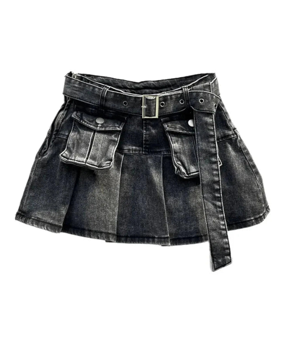 Grunge Utility Pocket Denim Skirt - Denim Skirt