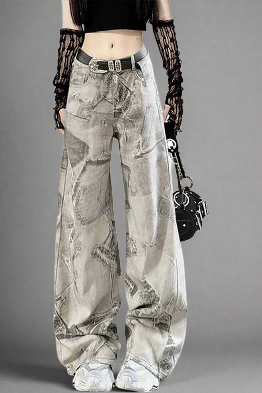 Edgy Washed Graffiti Wide-Leg Jeans Grey Shoptery