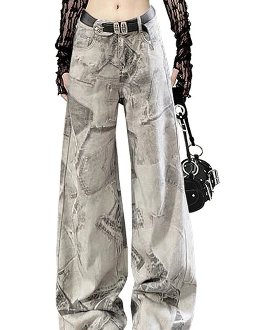 Grunge Washed Graffiti Wide - Leg Jeans - 