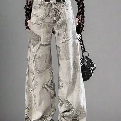 Edgy Washed Graffiti Wide-Leg Jeans Grey Shoptery