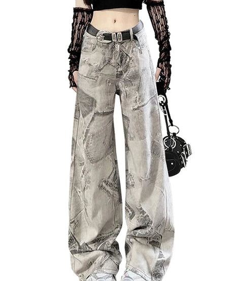 Grunge Washed Graffiti Wide - Leg Jeans - 