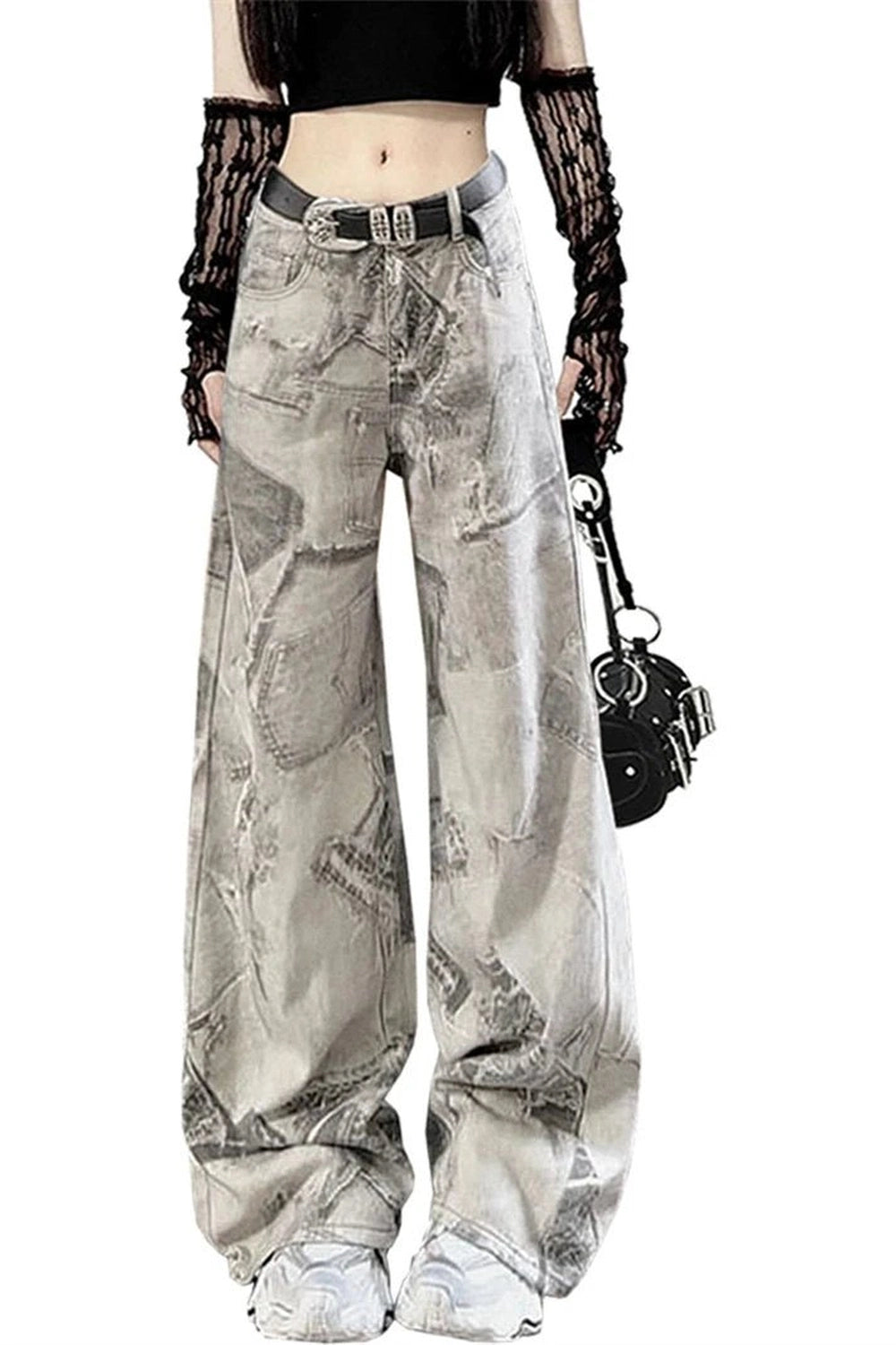 Grunge Washed Graffiti Wide - Leg Jeans - 