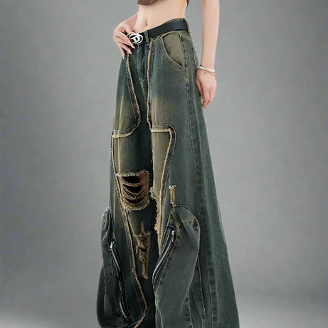 Y2k Edgy Zipper Wide-Leg Jeans Blue Shoptery