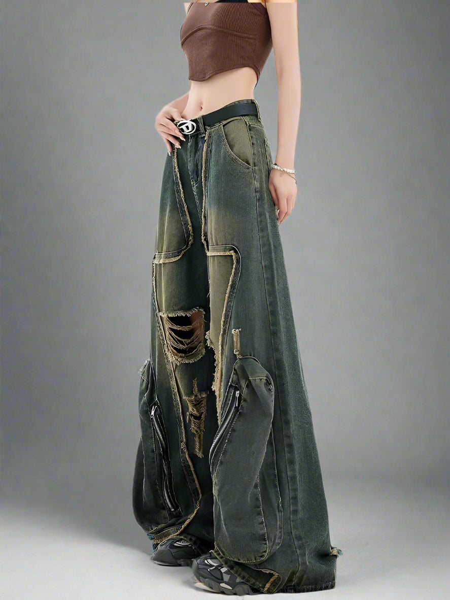 Y2k Edgy Zipper Wide-Leg Jeans Blue Shoptery