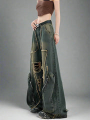 Y2k Edgy Zipper Wide-Leg Jeans Blue Shoptery