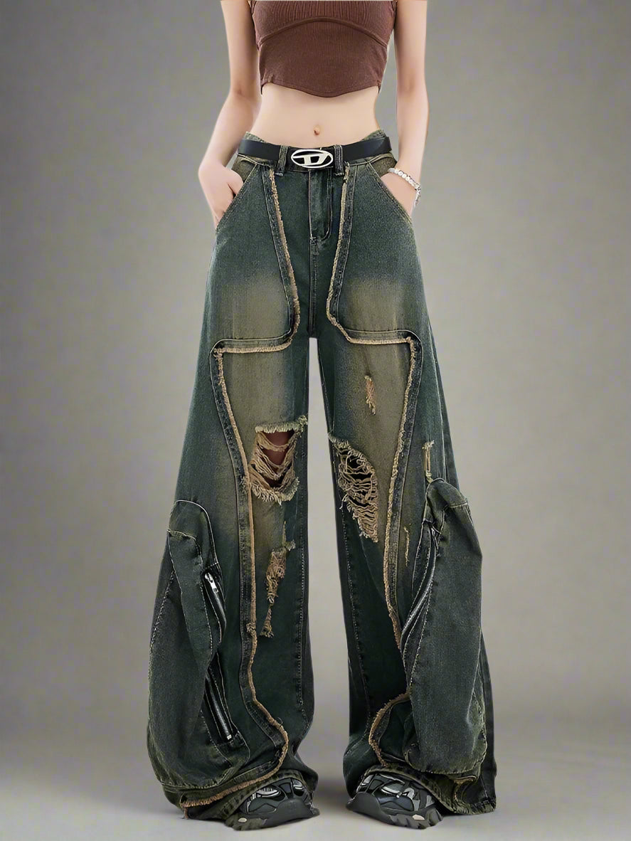 Y2k Edgy Zipper Wide-Leg Jeans Shoptery