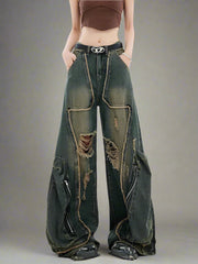 Y2k Edgy Zipper Wide-Leg Jeans Shoptery