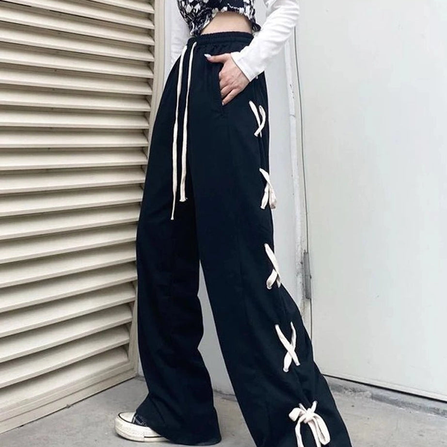 Edgy Bandage Wide Pants Black Shoptery