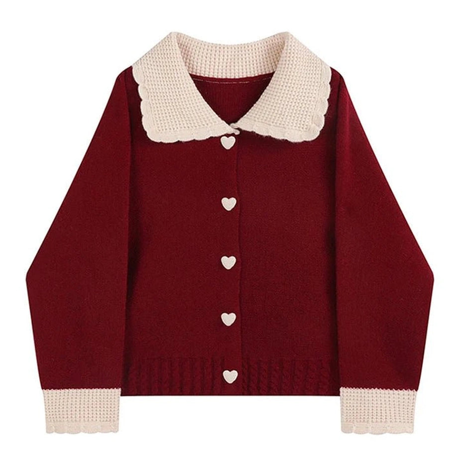 Retro Fall Heart Button Contrast Collar Cardigan Red One Size Shoptery