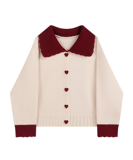 Heart Button Contrast Collar Cardigan - Cardigans