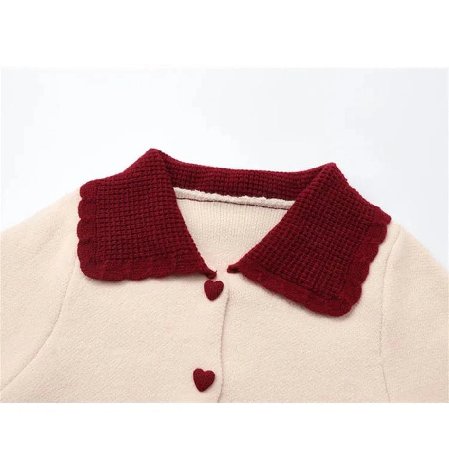 Retro Fall Heart Button Contrast Collar Cardigan Shoptery