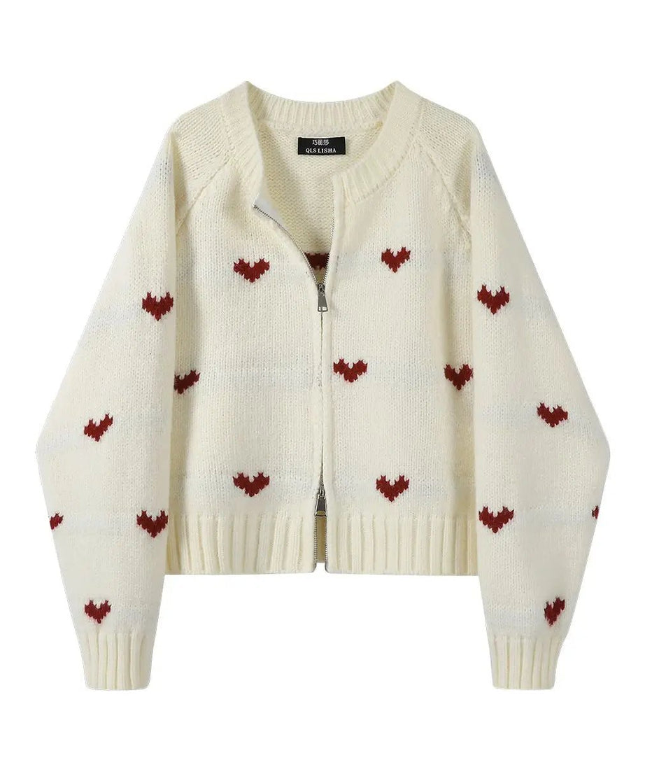 Heart Knit Zip Cardigan - Cardigans