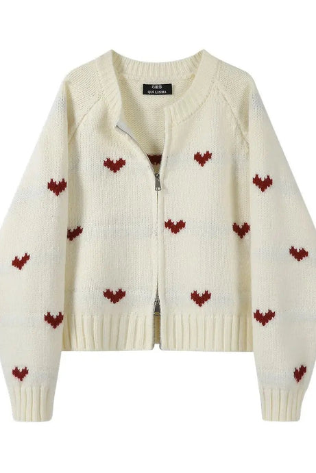 Heart Knit Zip Cardigan - Cardigans