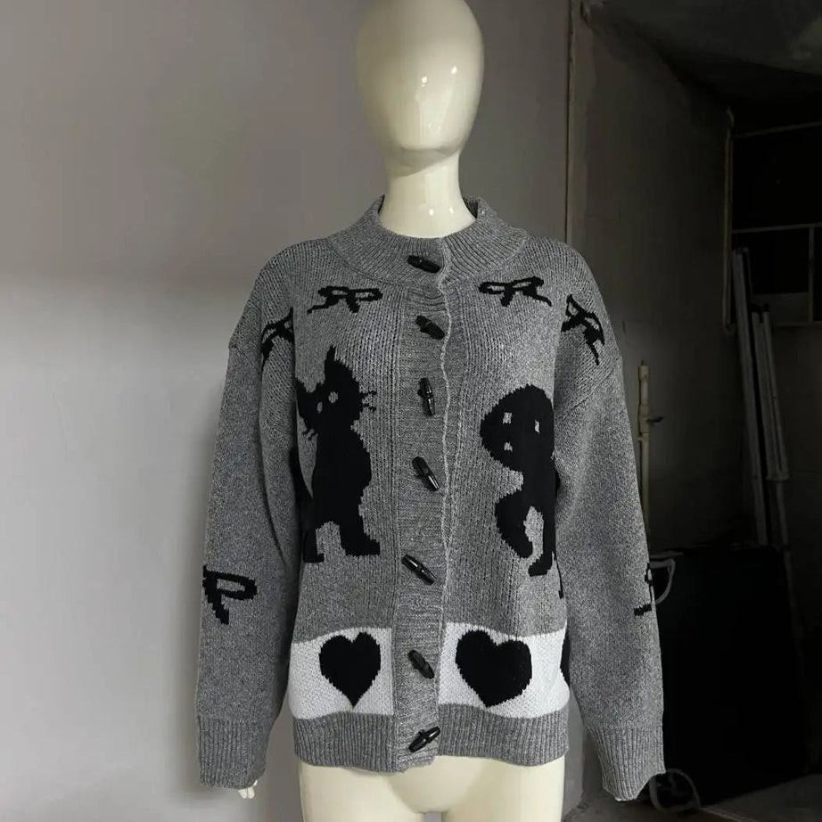 Heart & Skull Retro Knit Cardigan GRAY Shoptery