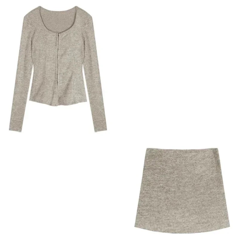 Acubi Style Heather Knit Co-Ord Outfit Set Khaki 2 Piece Set Shoptery