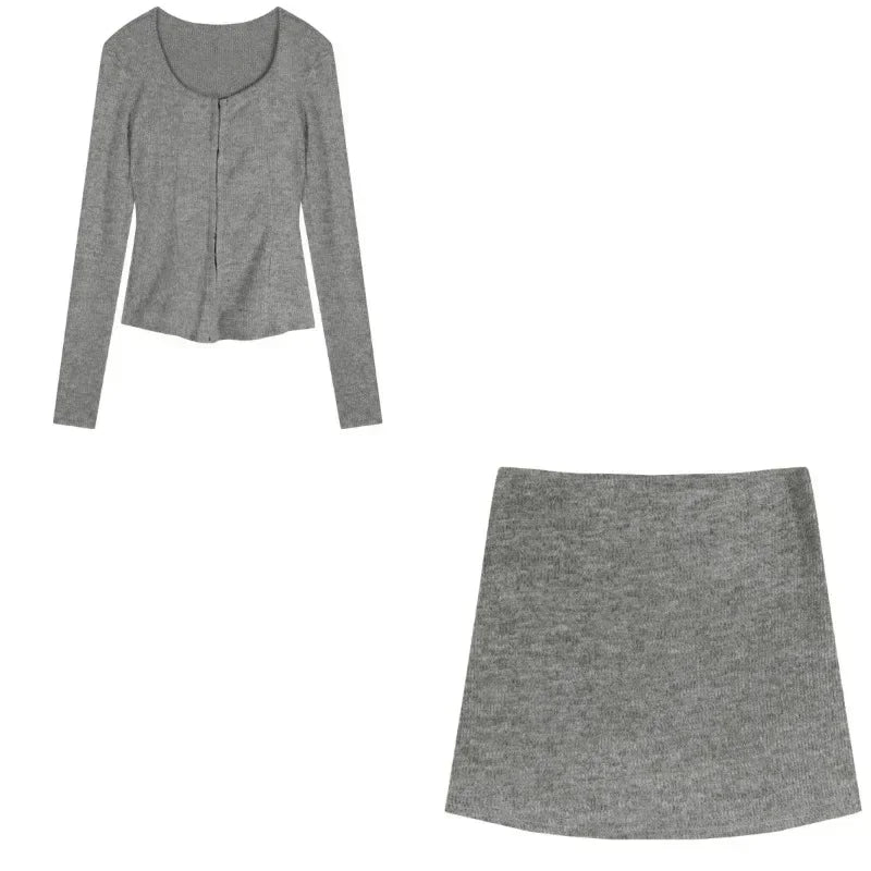 Acubi Style Heather Knit Co-Ord Outfit Set Grey 2 Piece Set Shoptery