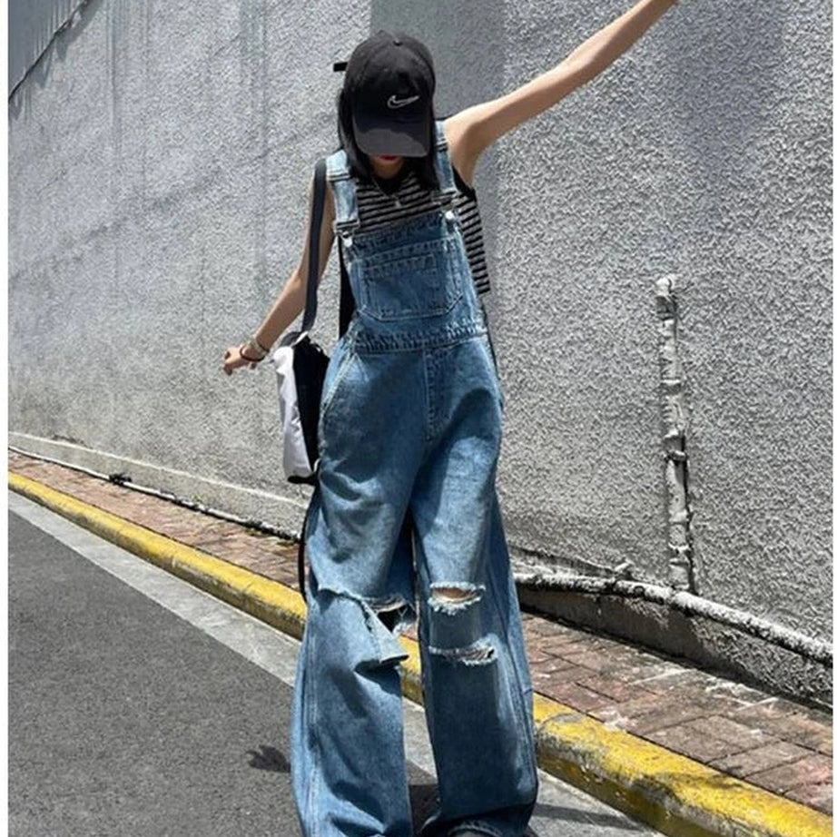 Edgy Hole Denim Jumpsuits Shoptery