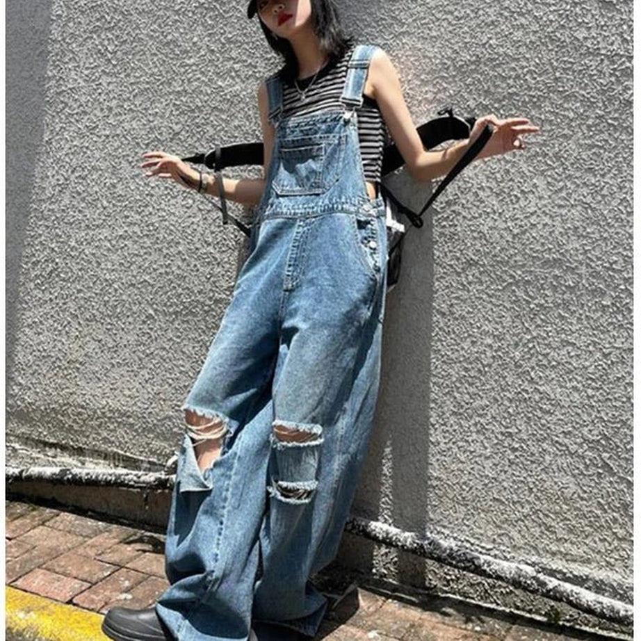 Edgy Hole Denim Jumpsuits Shoptery