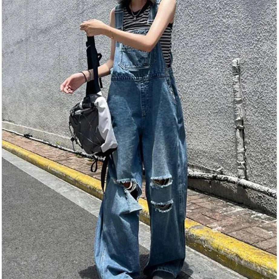 Edgy Hole Denim Jumpsuits Blue Shoptery