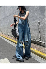 Edgy Hole Denim Jumpsuits Blue Shoptery