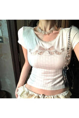 Hollow Out Cotton Top Beige White Shoptery