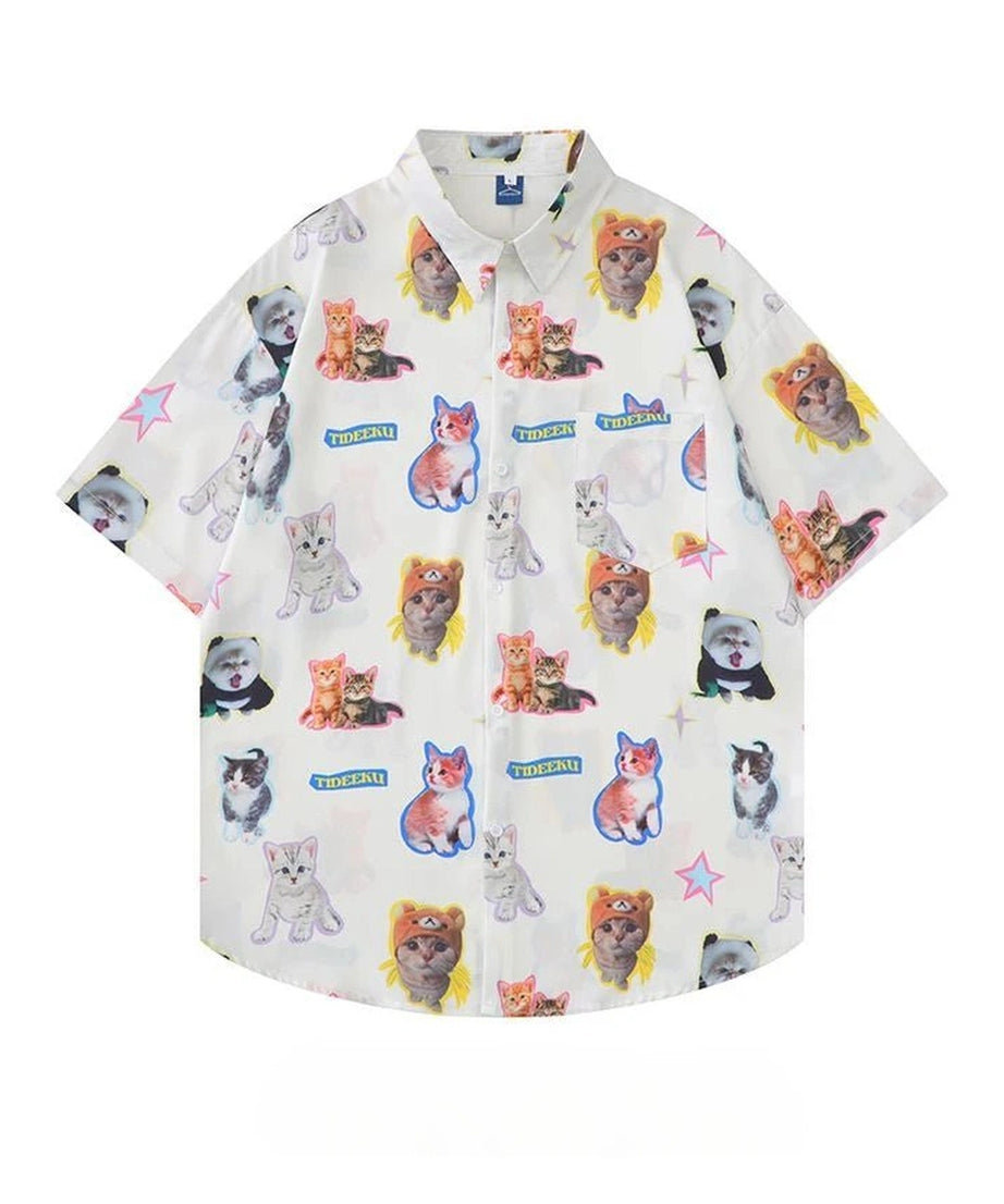 Kawaii Kitty Print Button - Up Shirt - Shirts