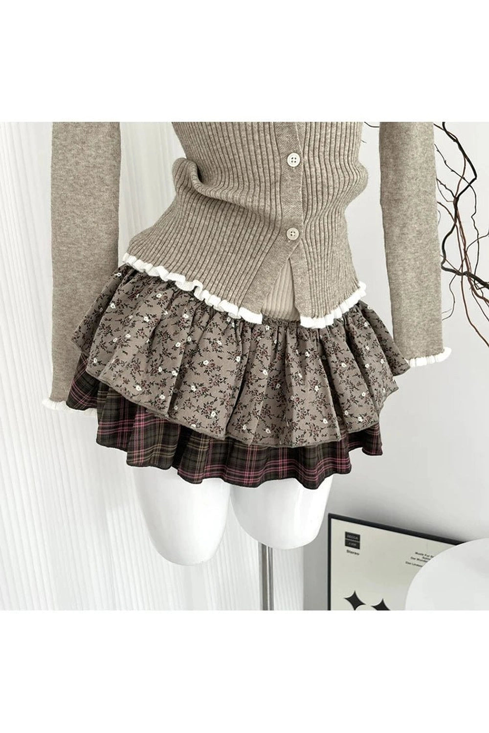 Acubi Style Cardigan Sweater Outfit Set Brown-Skirts Shoptery