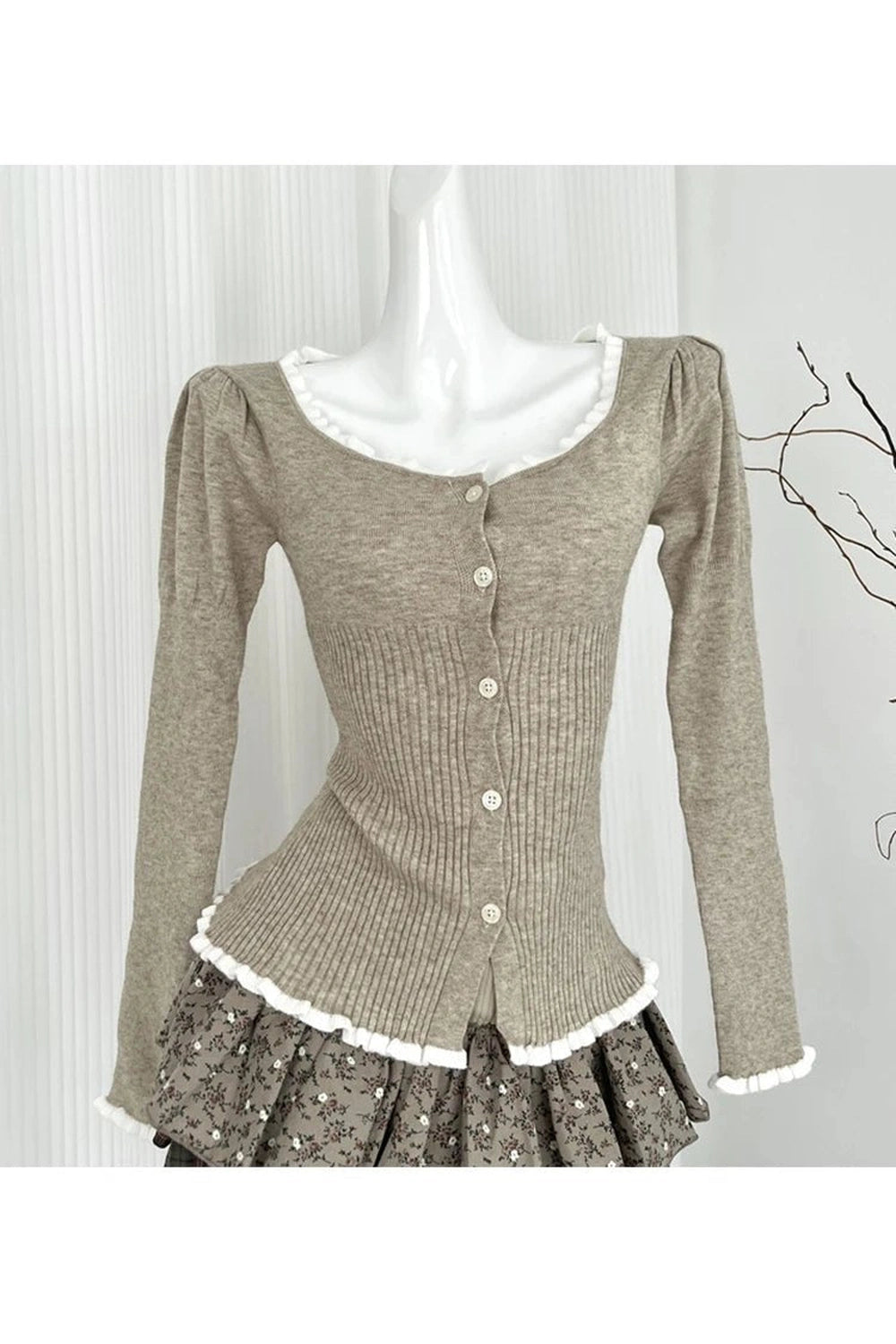 Acubi Style Cardigan Sweater Outfit Set Brown-Tops Shoptery