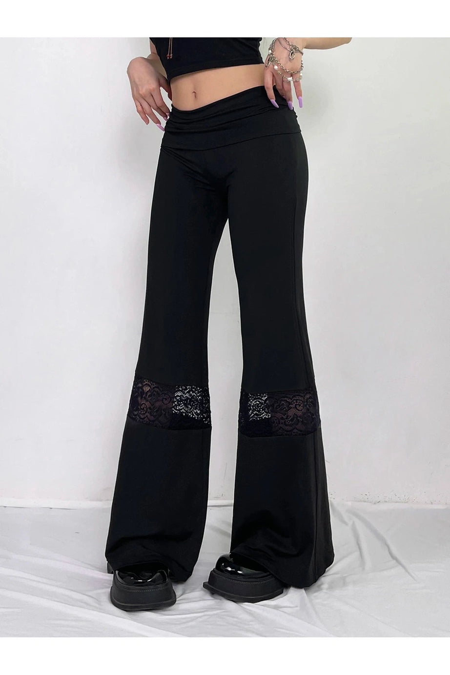 Lace Panel Flare Pants - Pants