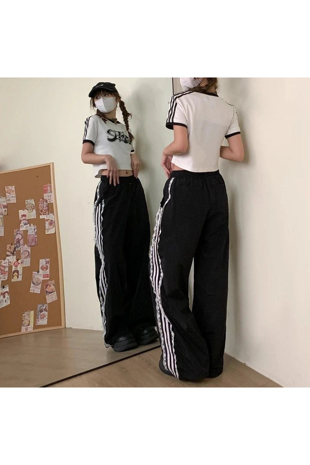 Y2k Lace-Trim Striped Wide-Leg Pants Shoptery