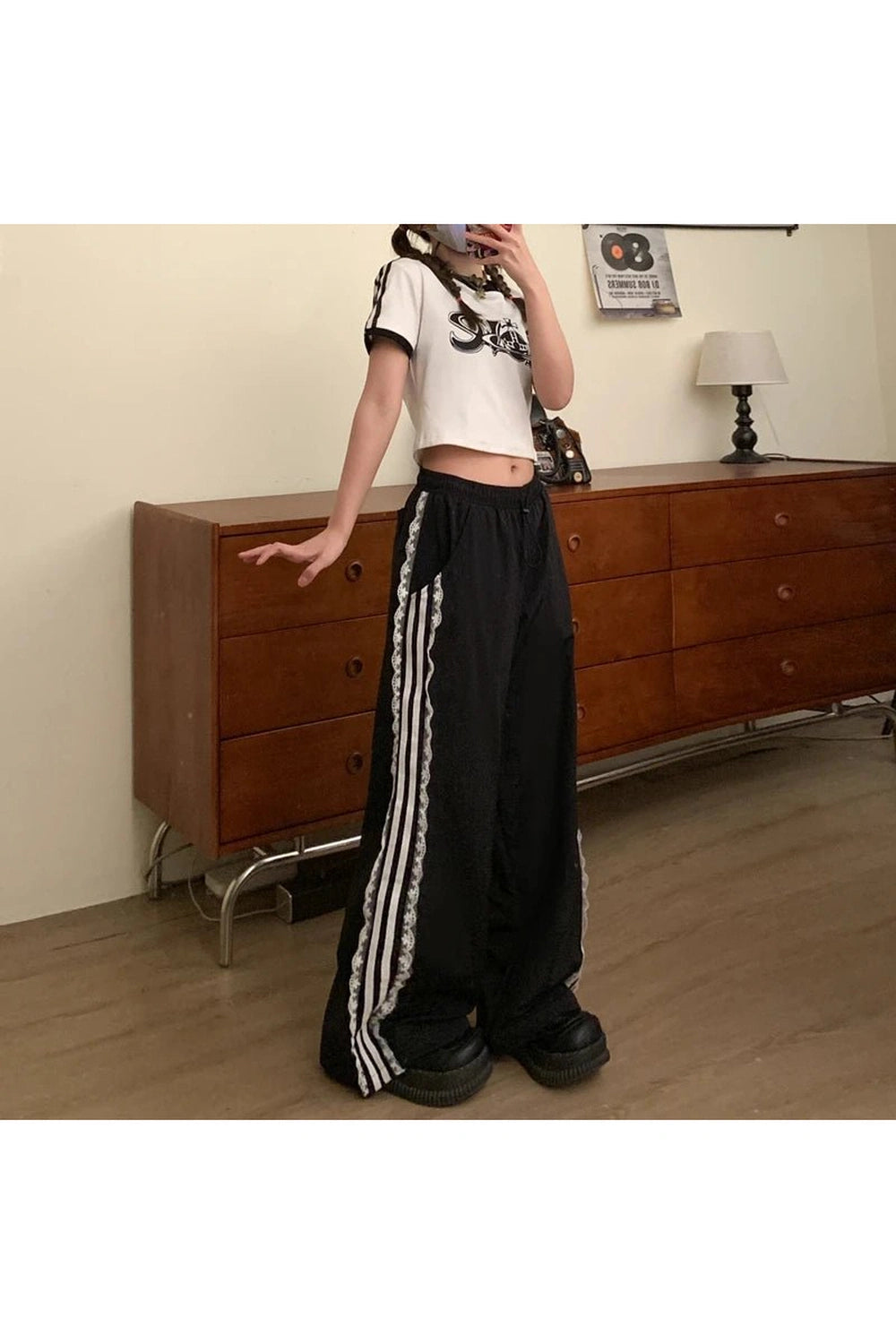 Y2k Lace-Trim Striped Wide-Leg Pants Shoptery
