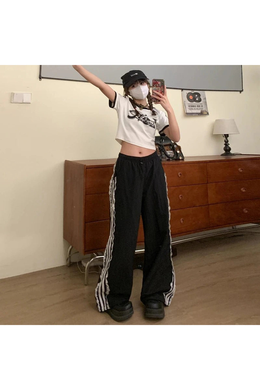 Y2k Lace-Trim Striped Wide-Leg Pants Shoptery
