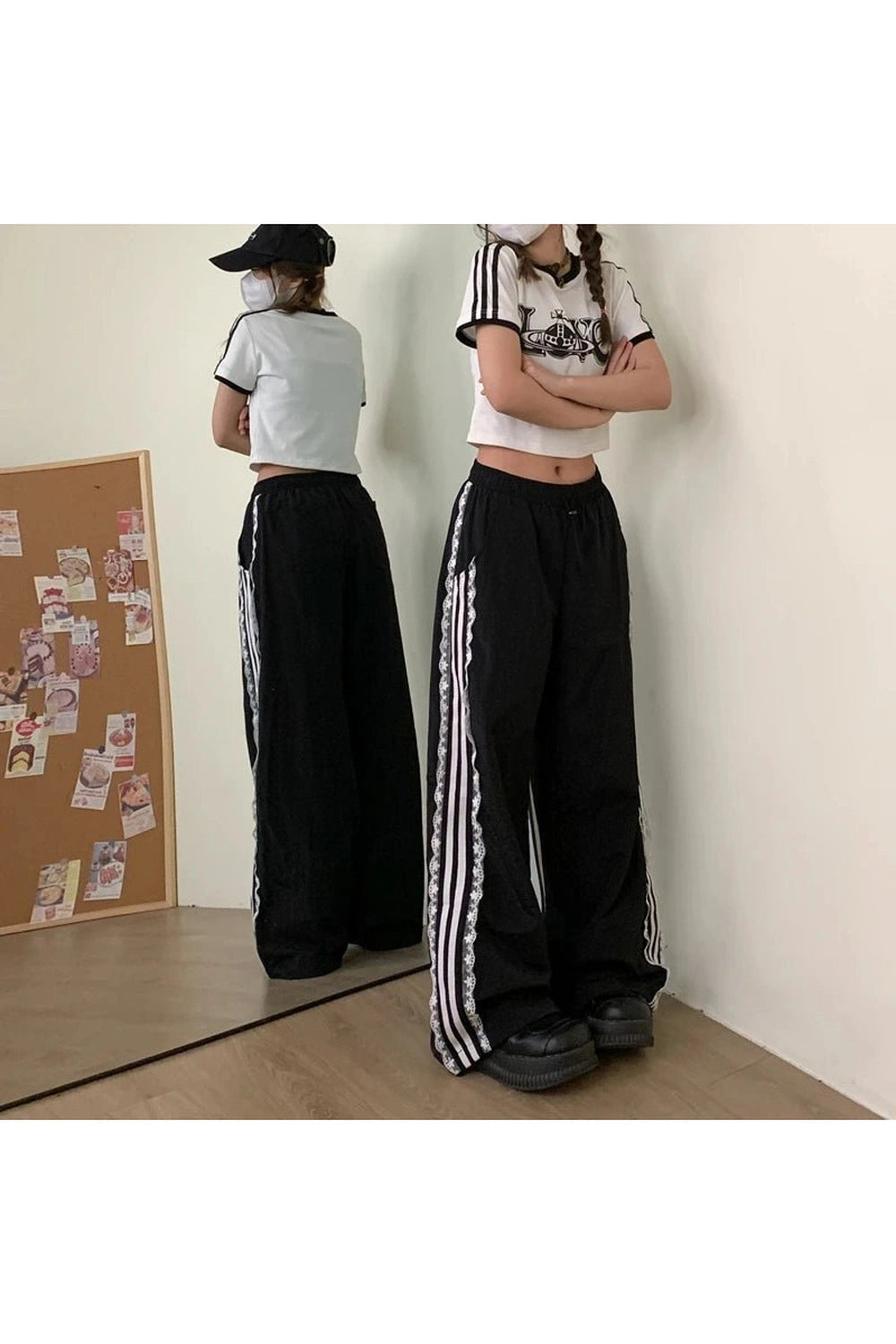 Y2k Lace-Trim Striped Wide-Leg Pants Shoptery
