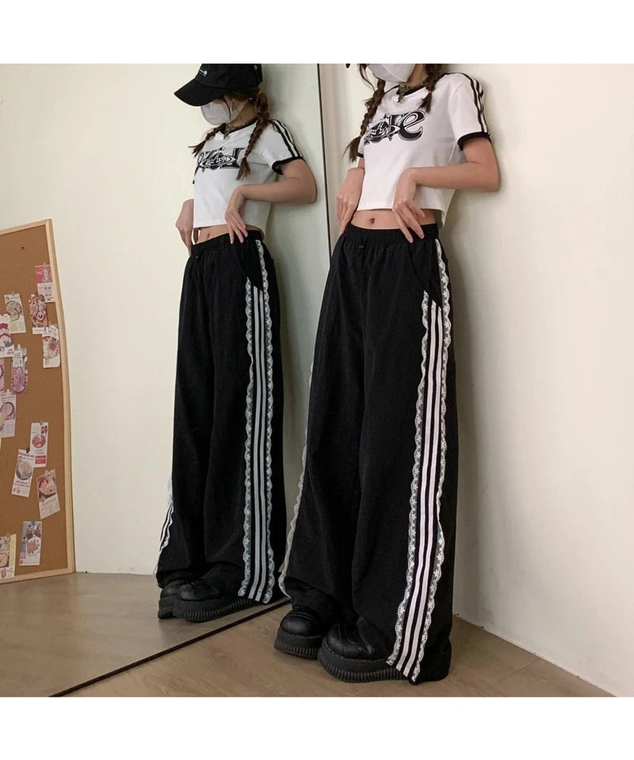 Lace - Trim Striped Wide - Leg Pants - Pants